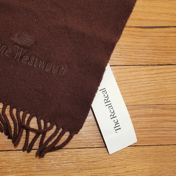 VIVIENNE WESTWOOD LOGO BROWN WOOL BLEND FRINGE SCARF - Picture 4 of 5